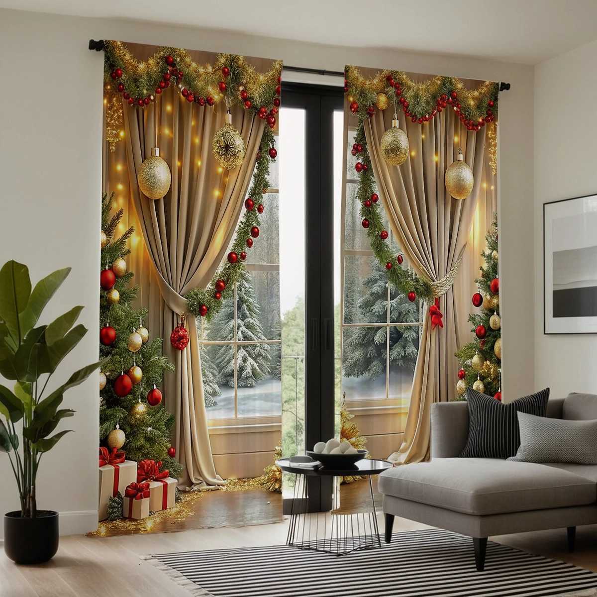 Christmas 2 pieces of HD digital curtain printing simulation valance yellow tie Christmas green latte red balloon home decoration style de Y251126