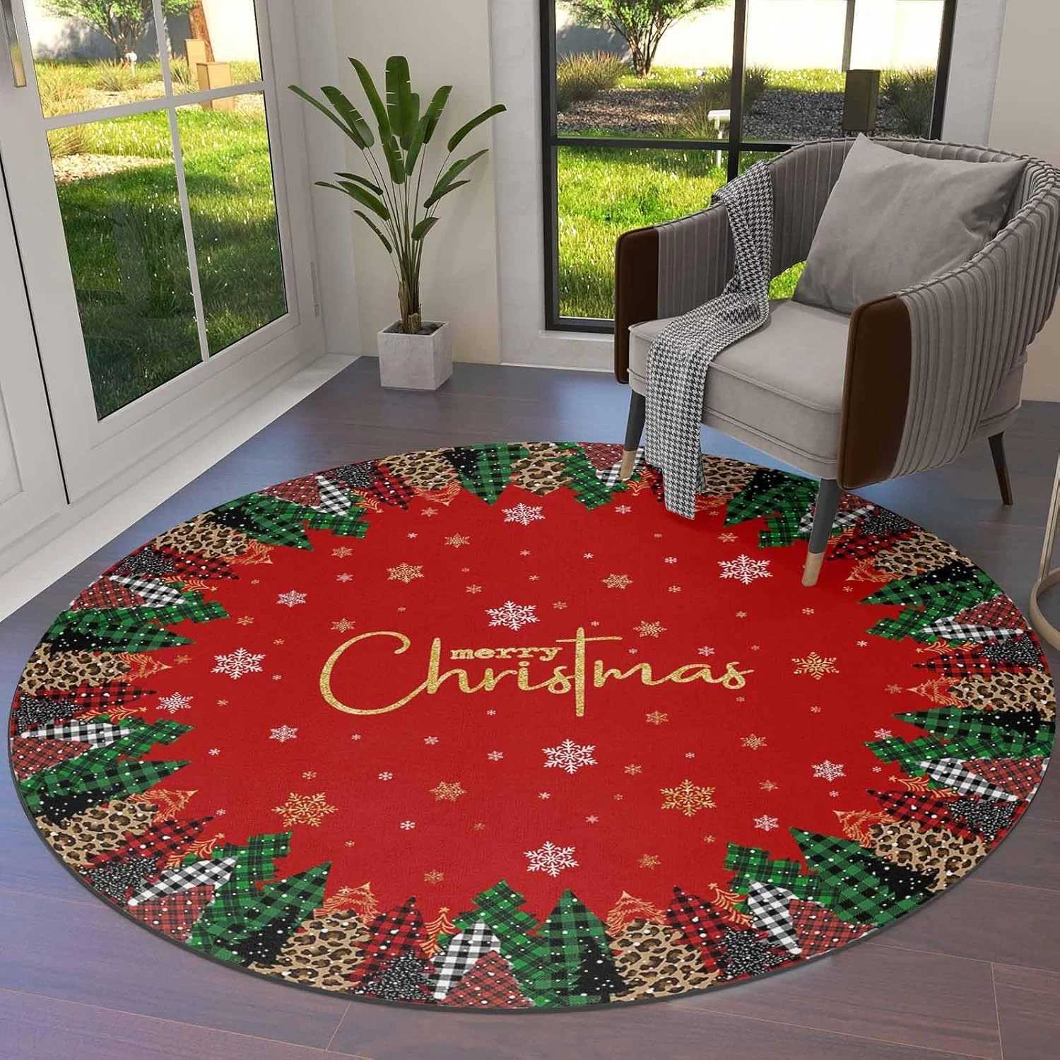 Christmas Round Area Rug Plaid Christmas Trees Rug Soft Carpet Floor Mat Non Slip Rugs for Living Room Bedroom RoomM251126