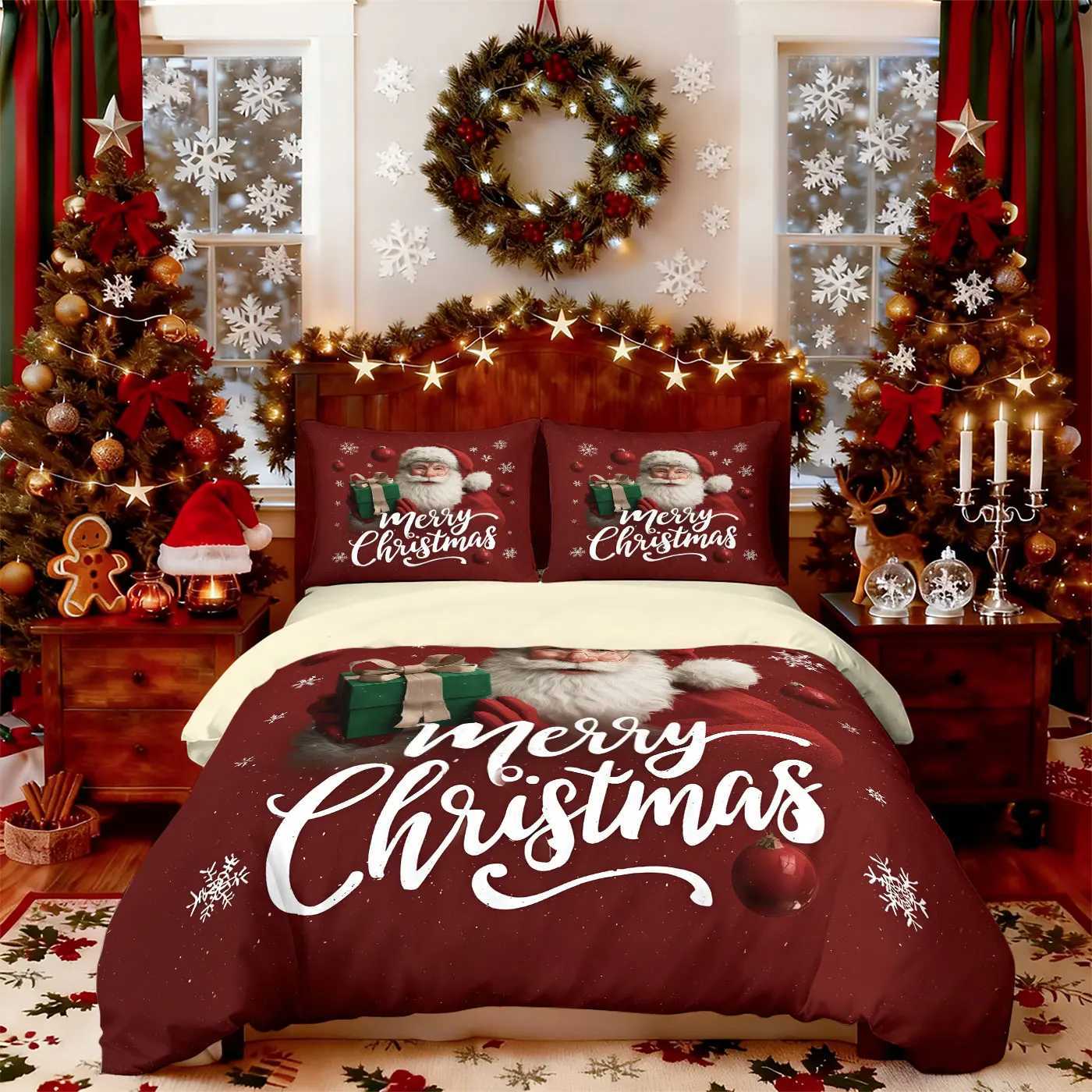 Christmas 3pcs Merry Christmas Santa Claus printed chipless duvet cover set multi size bedroom bedding decoration machine washable Y251126