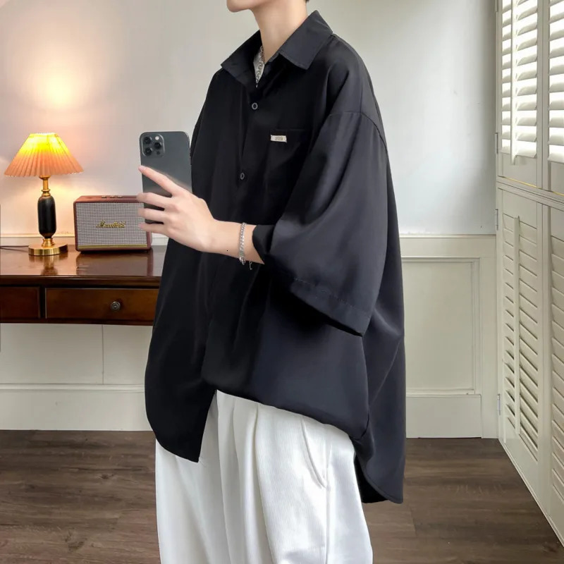 Summer Short sleeved Mens Social Mens Formal Dress Korean Loose Ice Silk Shirt Mens White Casual Shirt Large 250422