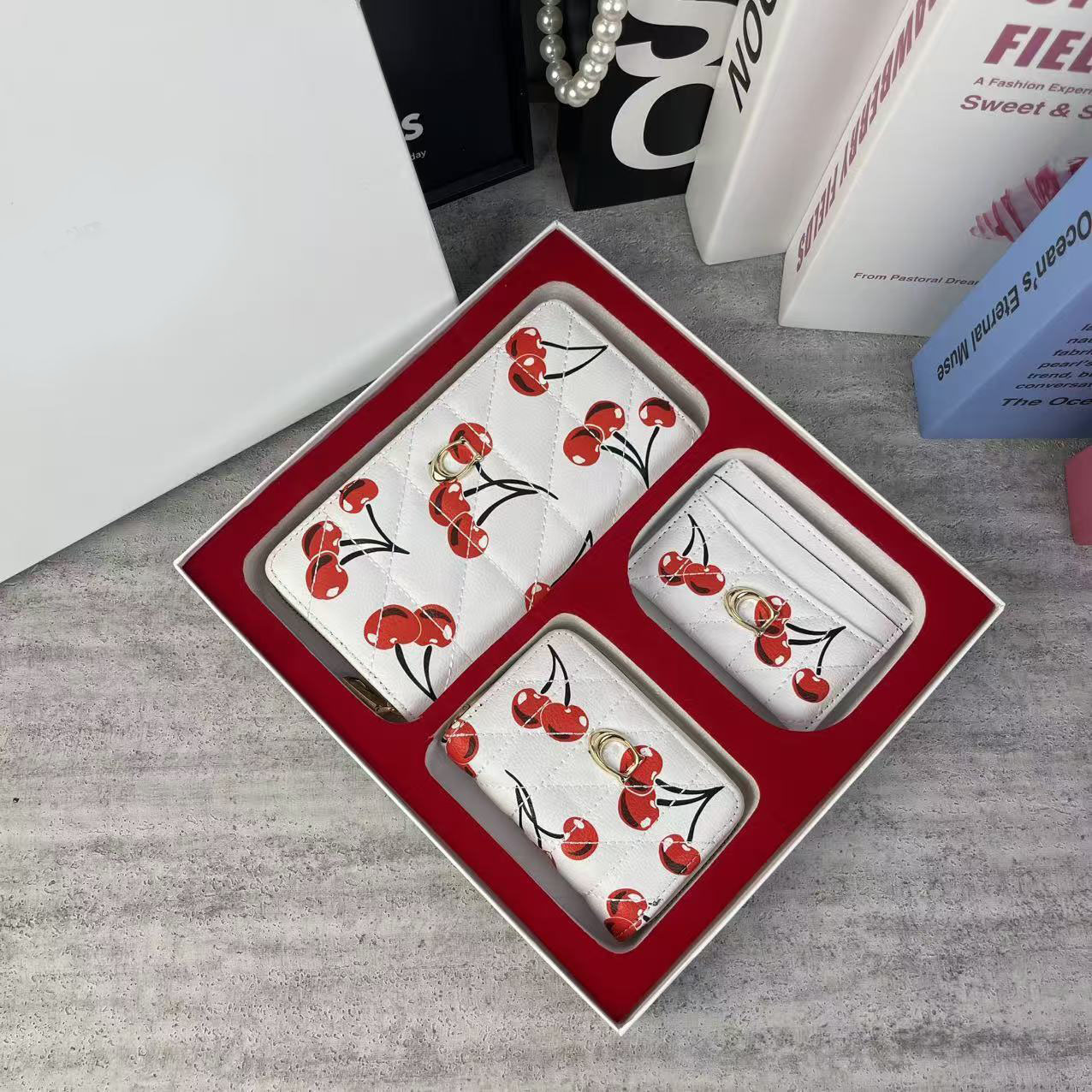 3pcs Wallet Set Designer Wallet Women's Cherry Bag Retro Card Holder Monogram Long Wallet Coin Purse Card Holder Gift Box Wallet
