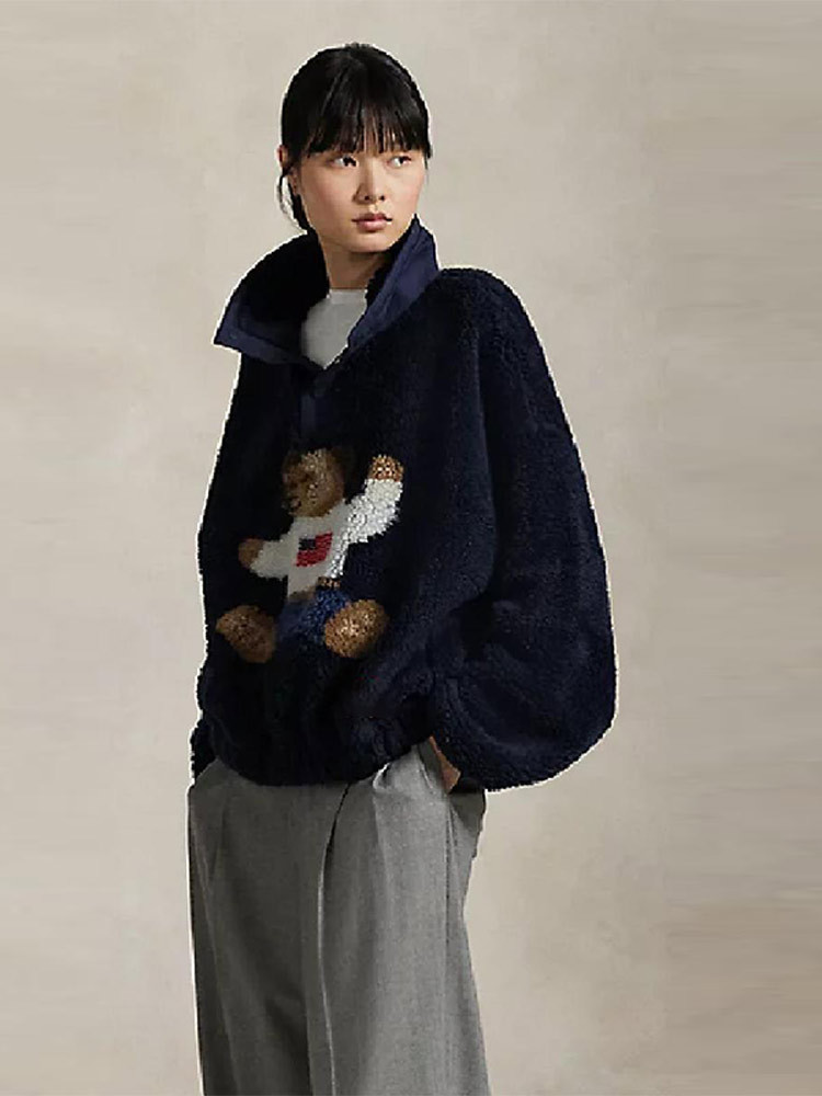 Women's Sweaters Cute Bear Pattern Sweatshirts High Collar Warm Polar Fleece Sweater Soft Blouses Tops 2025 Winter Lady Y2K Clothes