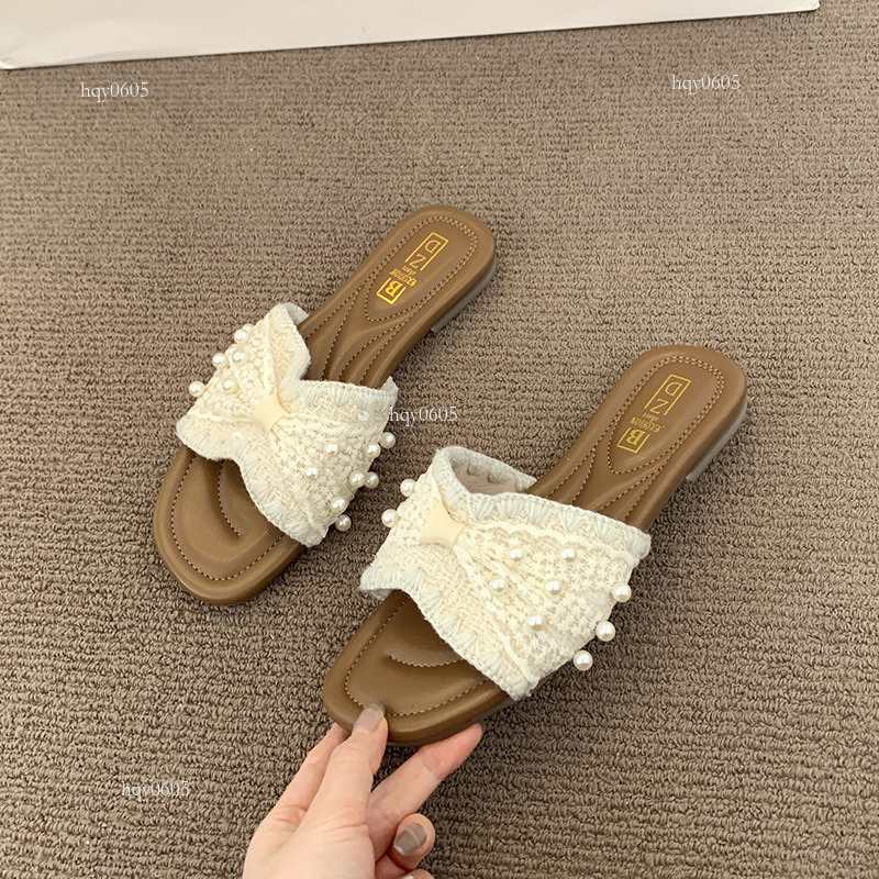 Top brand high-quality new-style designer new shoes French pearl fairy style flat shoes fashionable summer soft soled beach sandals women's new f