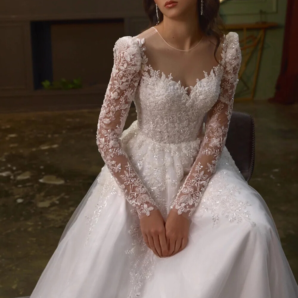Beading Short Wedding Dress A-Line O-Neck Full Sleeves Lace Appliques Sequined Beads Satin Bride Gowns Vestidos de Novia 01