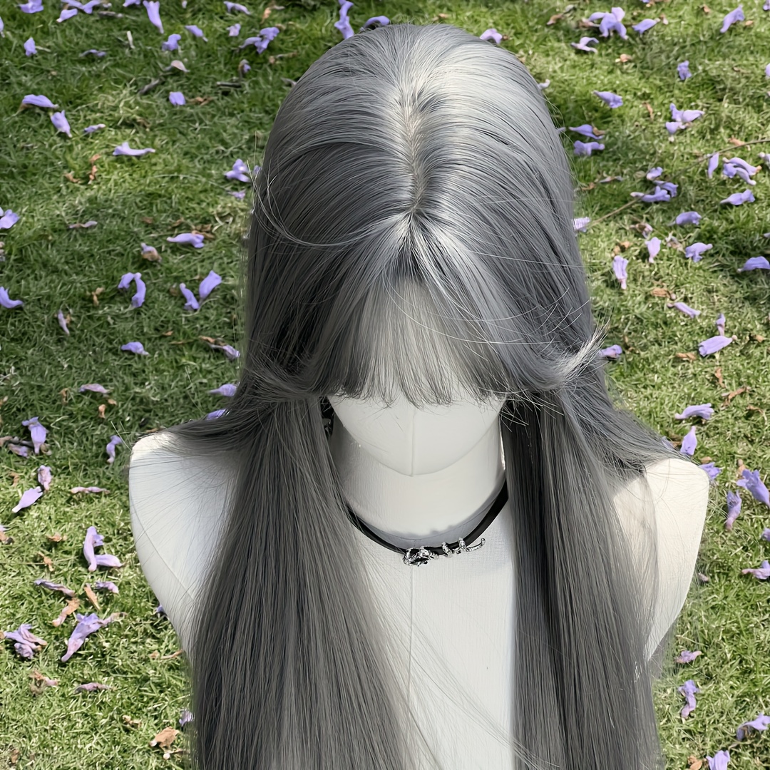 Elastic Rose Net Cap Wig - Silver Grey Synthetic Fiber Straight Long Hairstyle for Cosplay & Parties