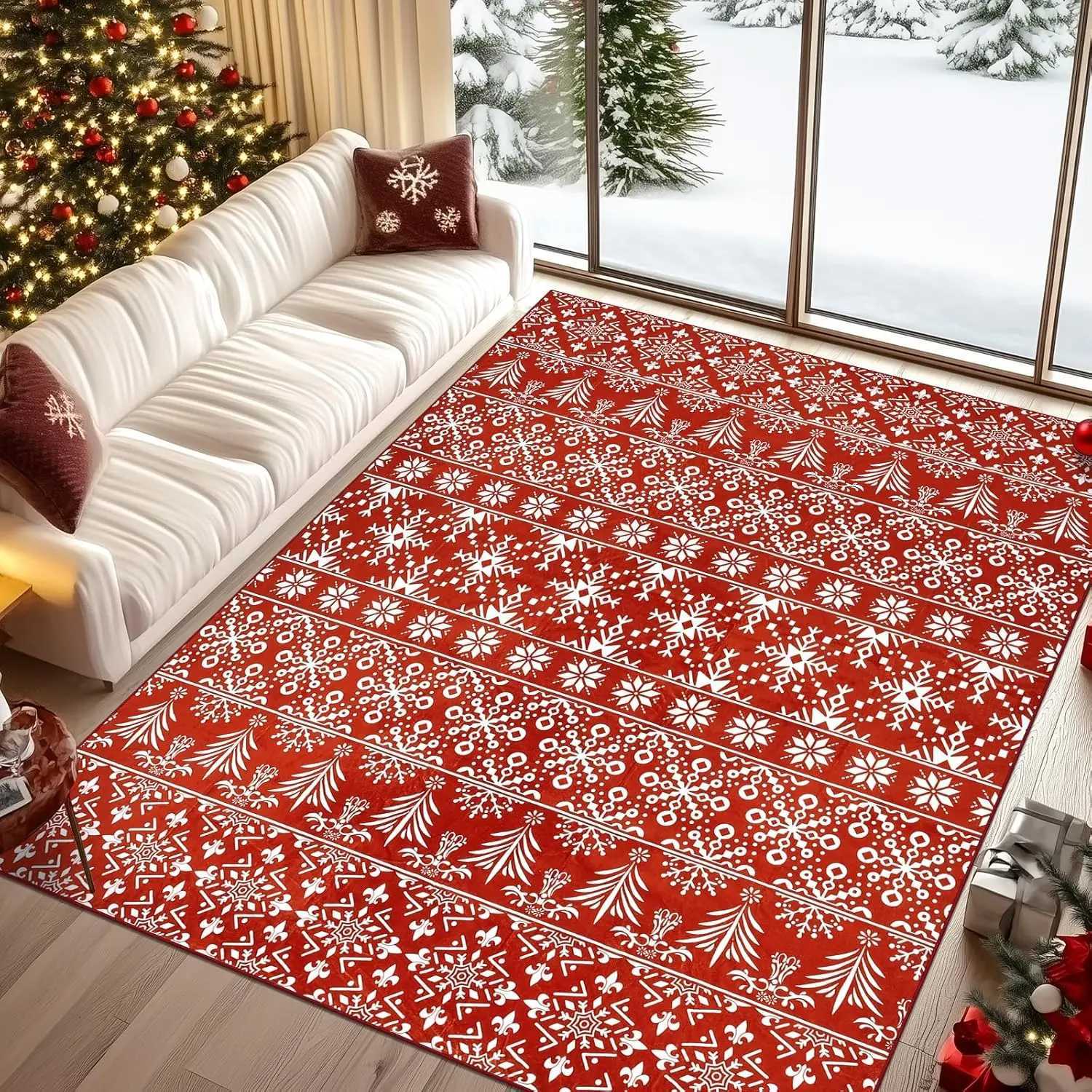 Non-Slip Soft Large Carpet with Red Snowflake Low Pile Faux Wool Xmas Throw Rug for Living Room Hallway Kitchen EntrywayM251126