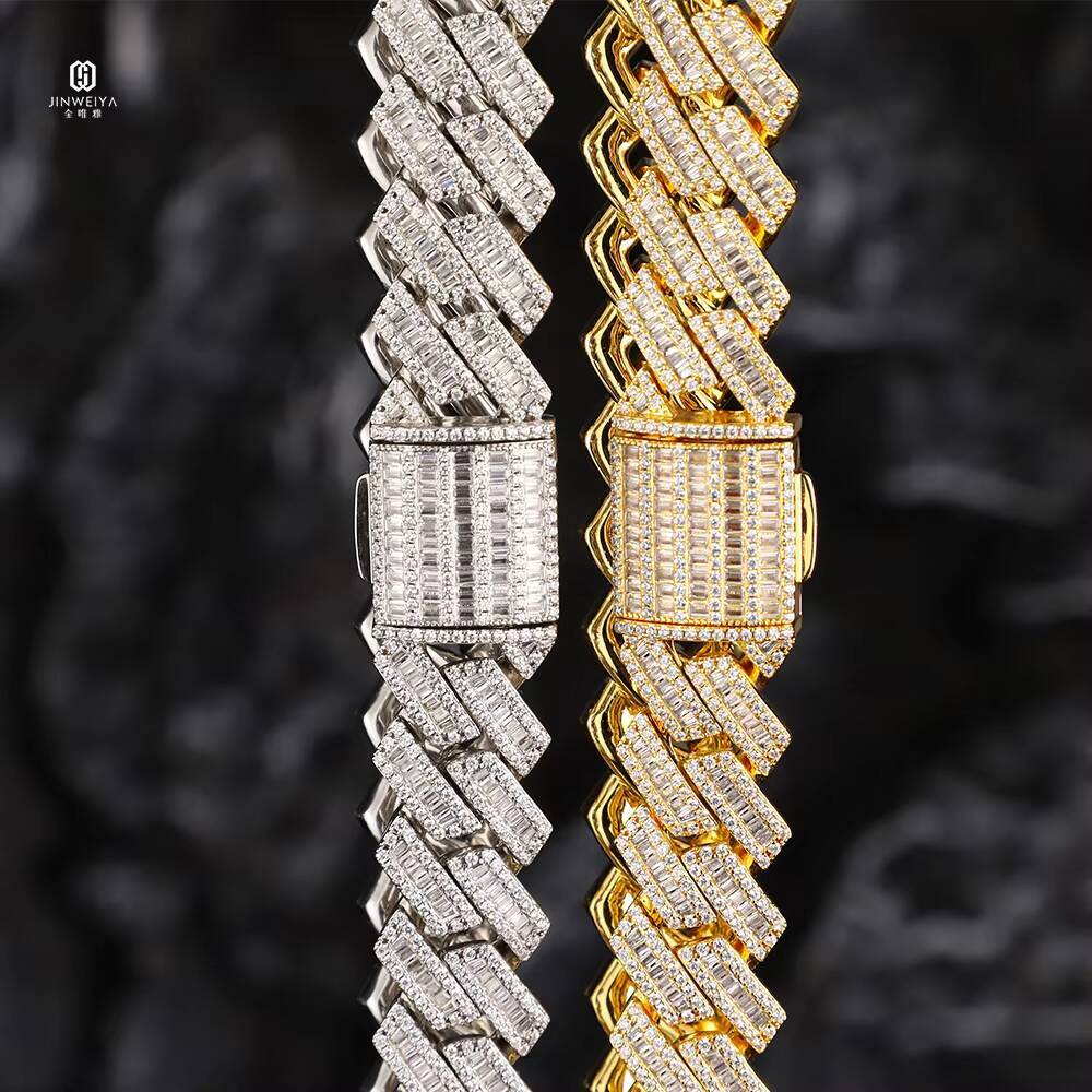 New Style 20mm Baguette Cubic Zirconia Prong Necklace with Cuban Link Chain White Gold Iced Hip Hop Jewelry