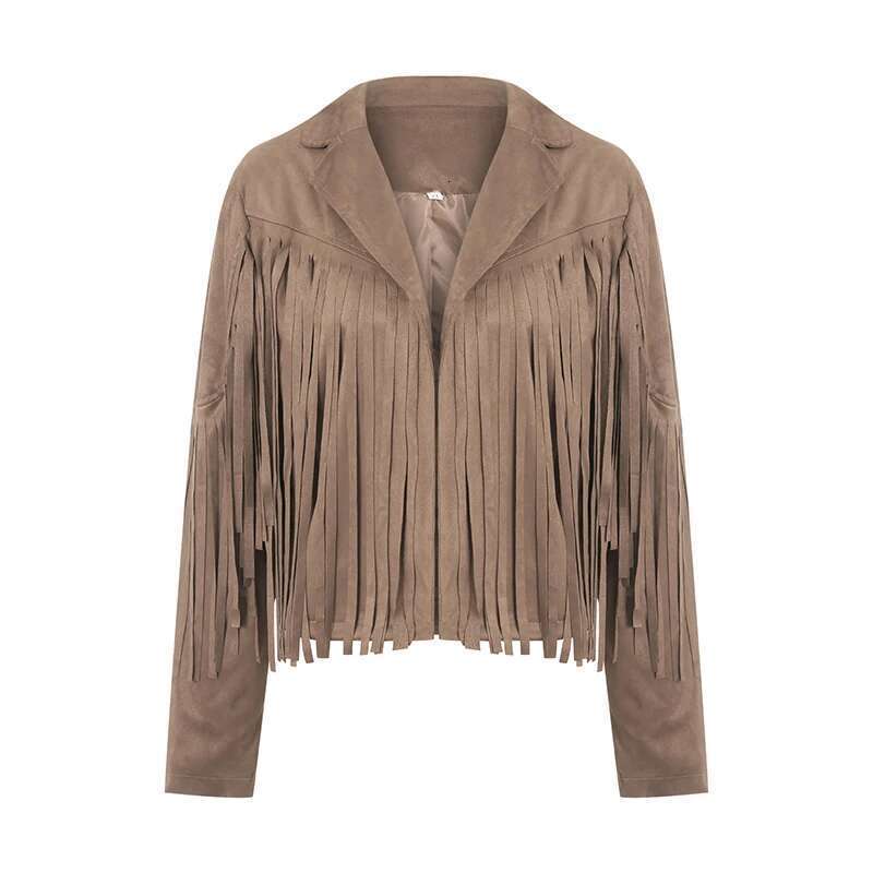 Women Spring Autumn Slim Long Sleeve Open Front Coat Solid Color Collared Jacket With Tassels Black/ Coffee/ Pink
