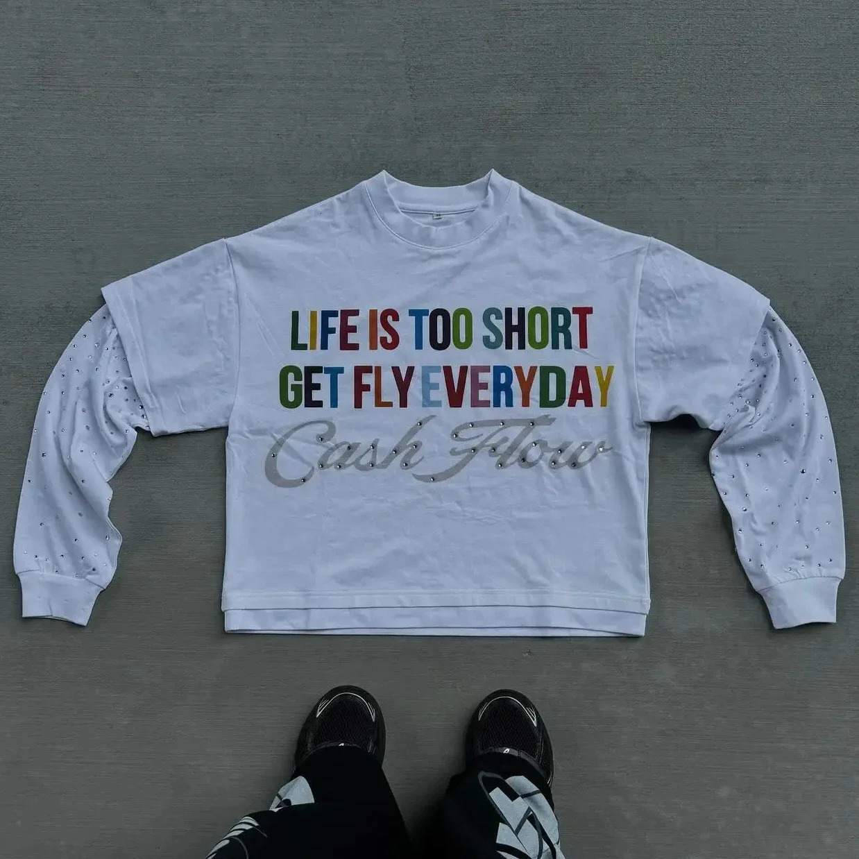 Y2K fashion autumn long sleeved T-shirt Harajuku letter graphic printing Gothic rhinestone double-layer long sleeved mens style 250423