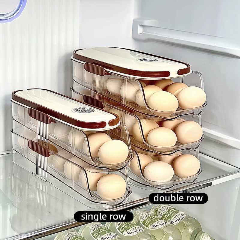 Large Egg Holder for Fridge Automatic Rolling Egg Organizer Clear Plastic Egg Container Stackable Egg Dispenser and Storage Bin Y251126