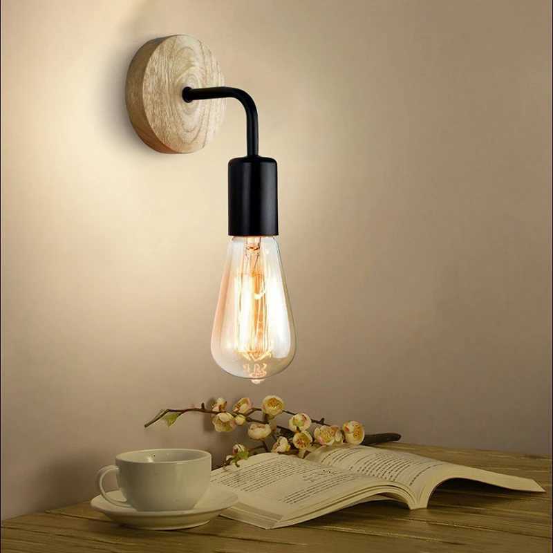 2Pcs/lot Vintage Wood Wall Lamp E27 Light Bulb Retro Industrial Wall Light Fixture For Home Loft Living Room Bedside Lamp Sconce M251126