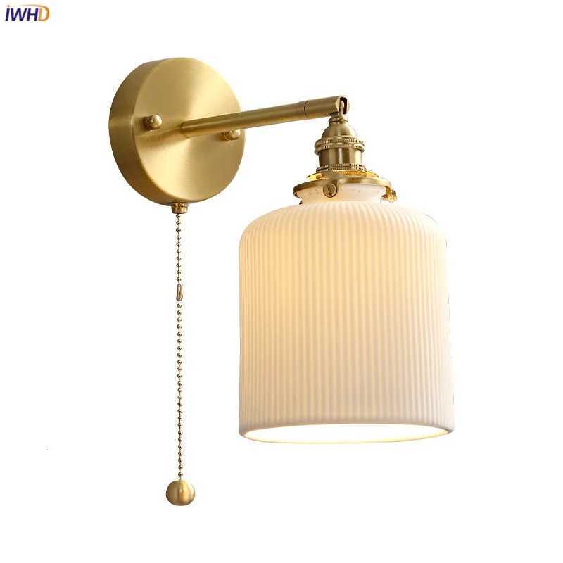 IWHD Nordic Ceramic LED Wall Light Fixtures Pull Chain Switch E14 Socket Copper Modern Beside Lamp Sconce Home Lighting Wandlamp M251126