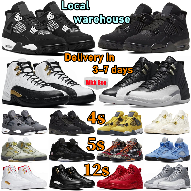 Local warehouse With Box 4s Basketball Shoes For Mens Women Trainers 5s 12s Lightning Grey Sail 4 Military Black Cat White Thunder Bred Sneakers Designer Shoes