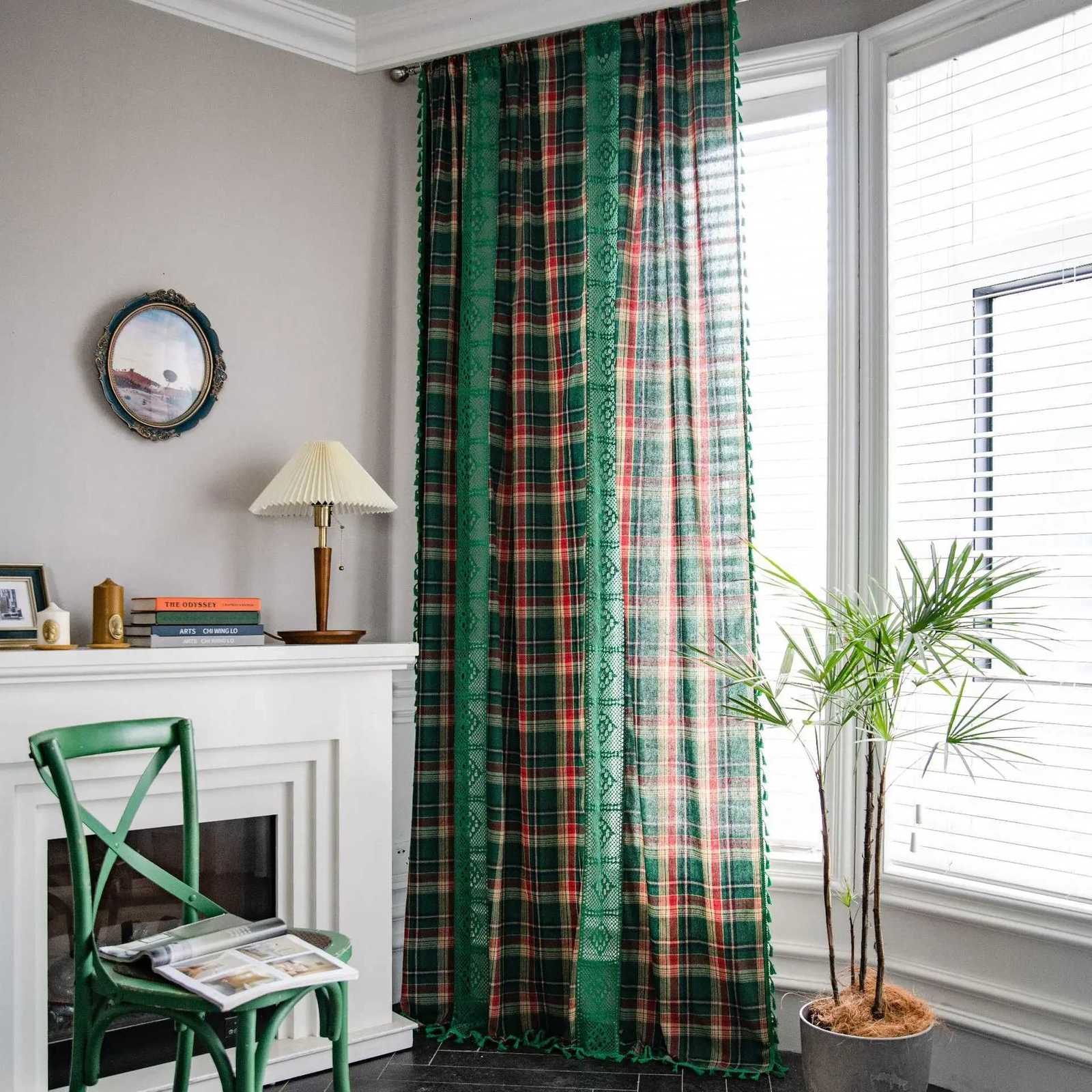 Christmas Christmas Green Plaid Yarn-dyed Curtain Semi-shading Bay Window Curtains for Kitchen Living Room Bedroom Home Decoration Y251126