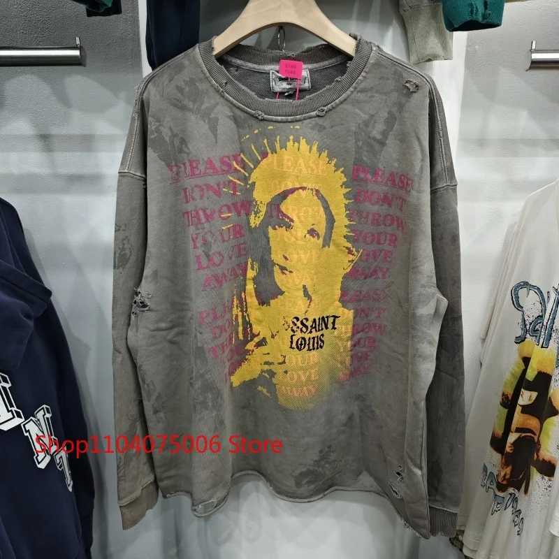 Fashion Saint Crewneck Sweatshirt Vintage Print Distressed Holes Washed Faded Unisex Oversize Casual Sportswear Y251125