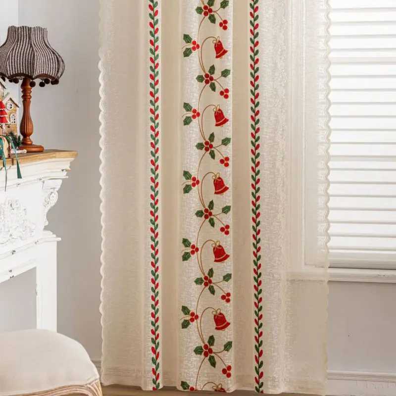 Curtain Christmas 2 Panel Santa Claus Lace Gauze Curtains Christmas Bell Embroidery Curtains Translucent Lace Curtains Home Decoration Curtains Y25112
