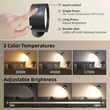 LED Wall Sconces Light Touch Control Double Head Wall Lamp 360 Rotatable 3Colors Wall Lights Wireless Night Lights For Bedroom M251126