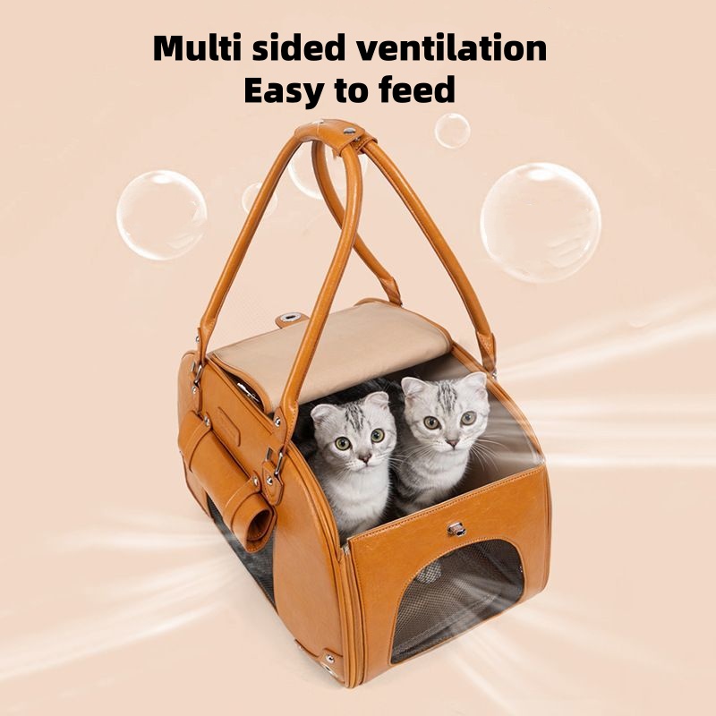 Fashionable Pet Carrier Bag with Multi-Sided Ventilation, High-End PU Outdoor Pet Travel Bag, Portable Pet Tote, Dual-Color Stylish Pet Handbag for Ca