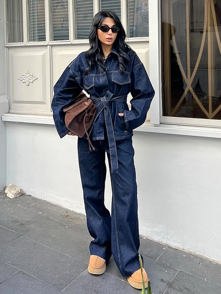 Collar with womens denim jacket 2piece set ultrathin packaging straight wide leg jeans retro elegant 250417