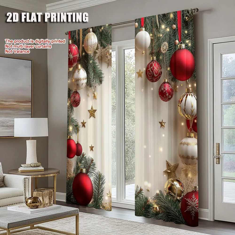 Curtain Christmas 2Pcs Festive Golden And Red Ball Pine Leaves Design Christmas Window Curtains Polyester Rod Pocket Design For Living Room Y251126