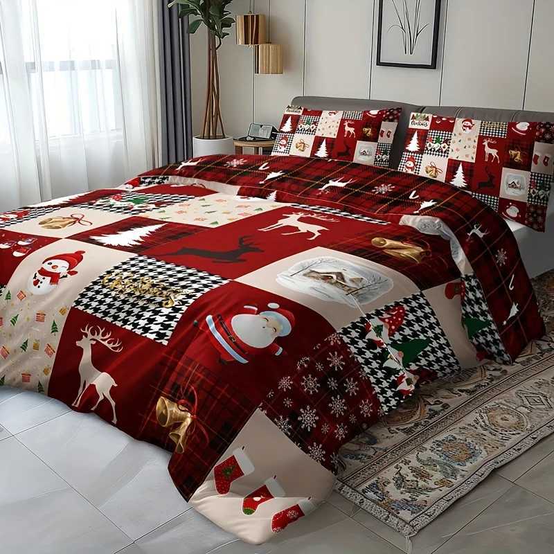 Christmas Breathable Polyester Christmas Reindeer Plaid Duvet Cover Set Includes 1 Duvet Cover and 2 Pillowcases Perfect for All Seasons Y251126
