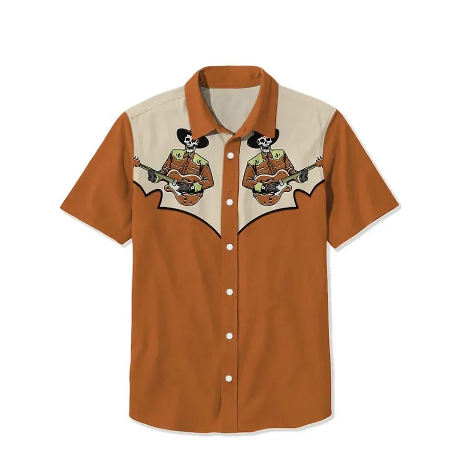 Fashion Mens Short sleeved Shirt Western Cowboy Printed Street Daily Comfortable Mens Collar Top Large Mens Shirt 250422