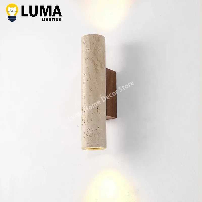 Wabi Sabi Style Yellow Travertine Wall Lamp Vintage Stone and Wood Sconce Light for Bedroom Bedside Living Room Stair Home Decor M251126