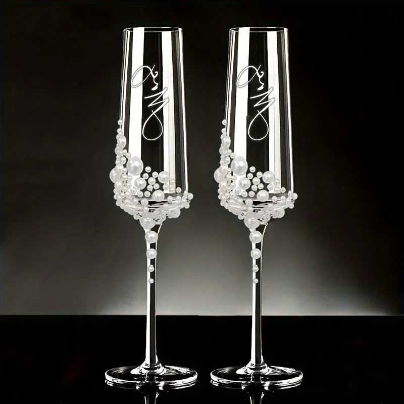 2pcs Elegant Pearl Crystal Champagne Glasses with Cursive Script DesignHandcrafted Clear Glassware for Weddings C251126