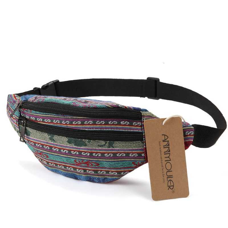 Annmouler New Women Fanny Pack 8 Colors Fabric Waist Packs Bohemian Style Waist Bag 2 Pocket Waist Belt Bag Travel Phone PouchT251126