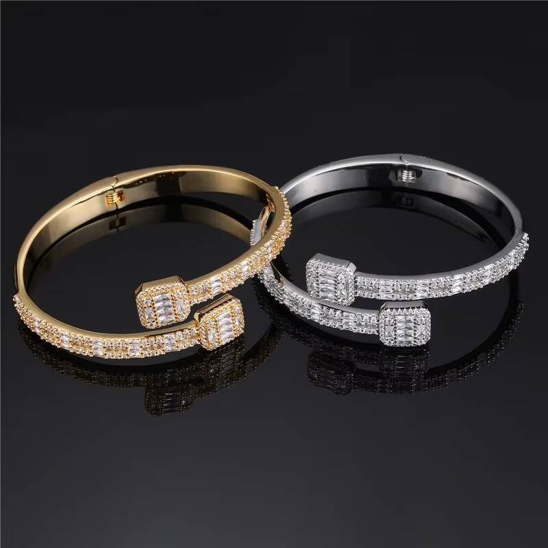 Icy Gold Plated Hip Hop Diamond Jewelry CZ Adjustable Open Bangle Iced Out Baguette 3A Diamond Bracelets Bangle for Women Men