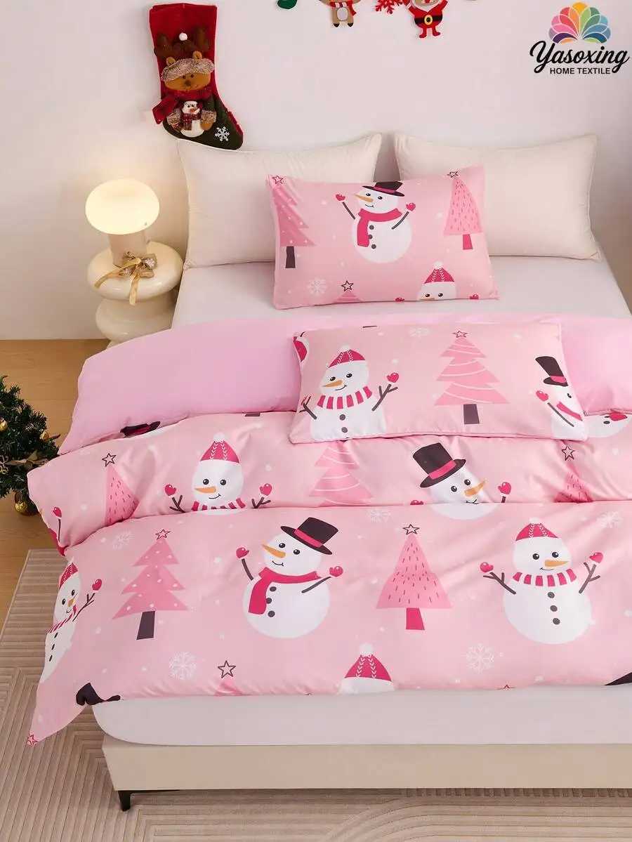 Christmas 2/3pcs Pink Christmas Snowflake Gift Gingerbread Man Snowman Pattern Reversible Color Duvet Cover Bedding Set Soft Breatheable Y251126