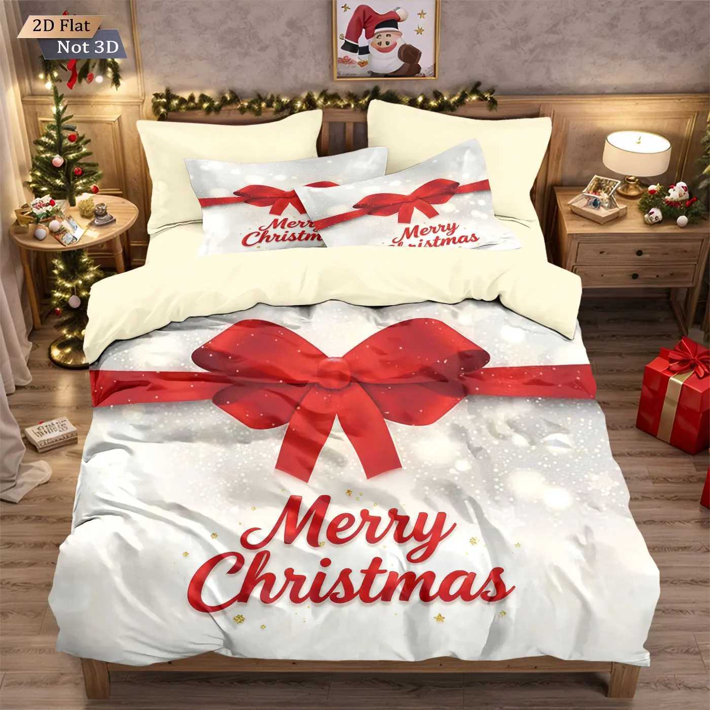 Christmas 3pcs Merry Christmas Red Bow Printed Chipless Bedding Set Multi Size Bedroom Bedding Holiday Decoration Machine Washable Y251126