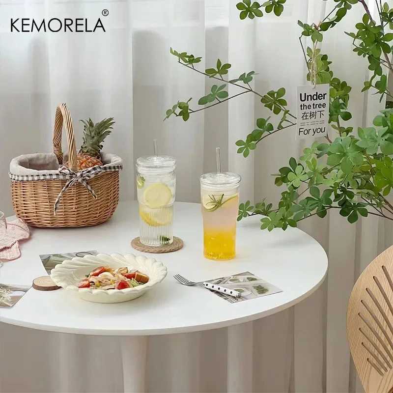 600ML Stripe Glass Cup with Lid and Straw Transparent Drinking Glasses for Juice Iced Coffee Water Cup Outdoor Drinkware Mug C251126