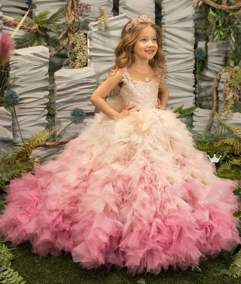Customized Pink Girl Princess Dress Lace Puffy Flower Girl Dresses Sleeve Cute Girl Birthday Dress Wedding Party Baby 251124
