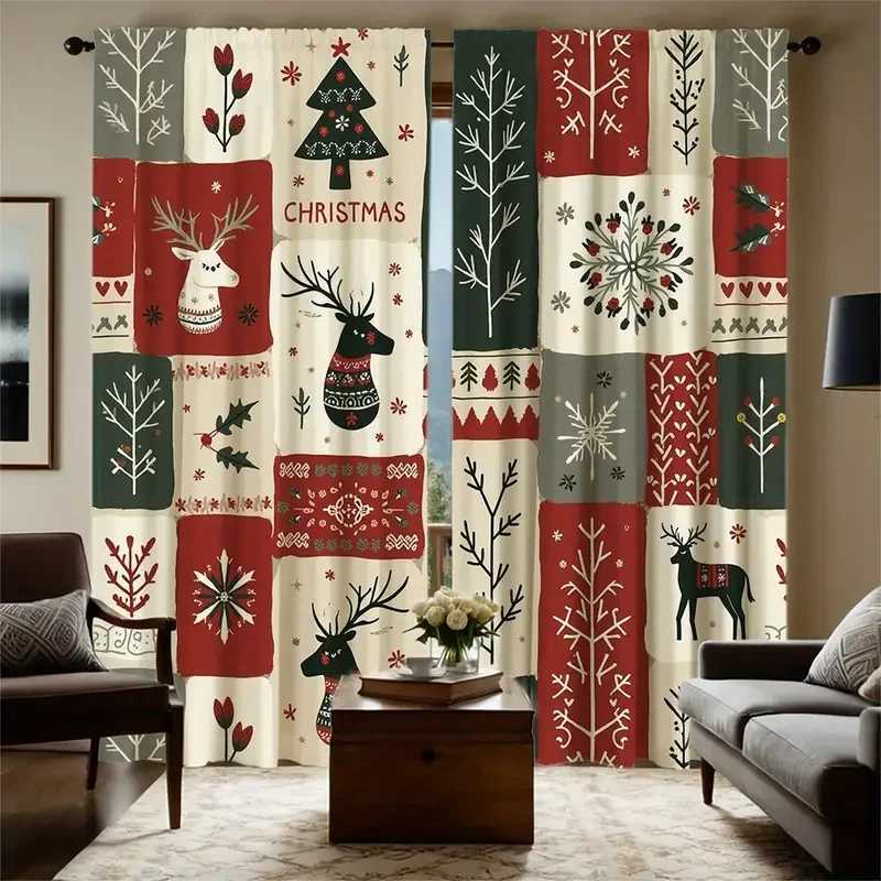 Curtain Christmas 2pcs Cute Patchwork Christmas Pattern Curtains Playful Design Light - Filtering Polyester Curtains for Christmas Home Windows Y25112