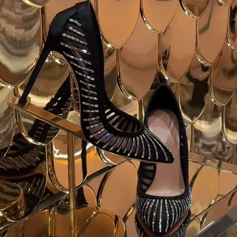 Spring and summer new crystal mesh satin pointed toe shallow shoes thin high-heeled banquet dress small size women's sandals
