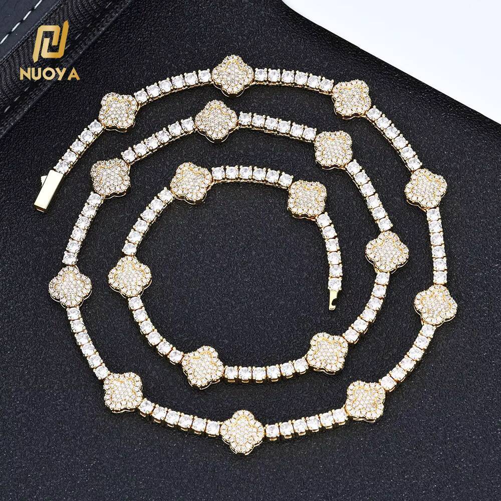 Hip Hop Jewelry 18K Gold Plated Tennis Chain Fine Jewelry for Women Four Leaf Clover Shiny CZ Diamond Tennis Chain Necklace