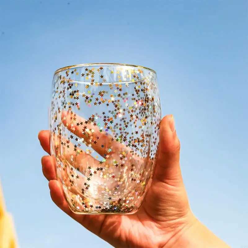 2025 New for Creative Double Wall Glass Cups Sequins Star for Glasses Mugs for Home C251126