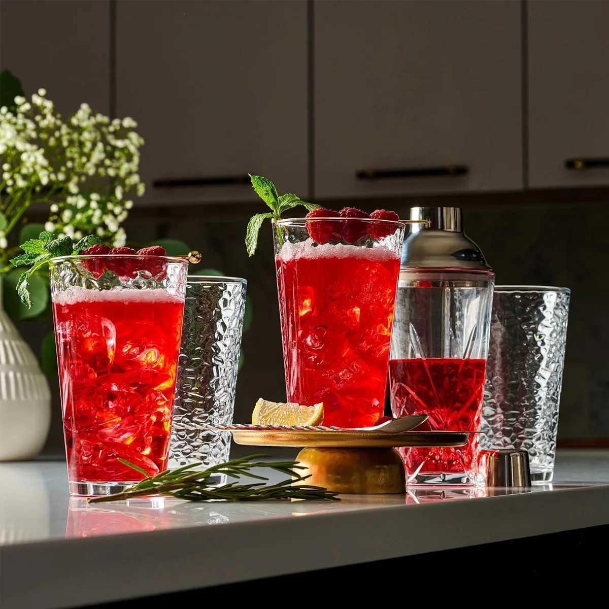 6 Pack Hammered Glass Cups Set 12oz/360ml Dishwasher Safe Cocktail Drinking Glasses Clear Heavy Base Stemmed Water Glasses C251126