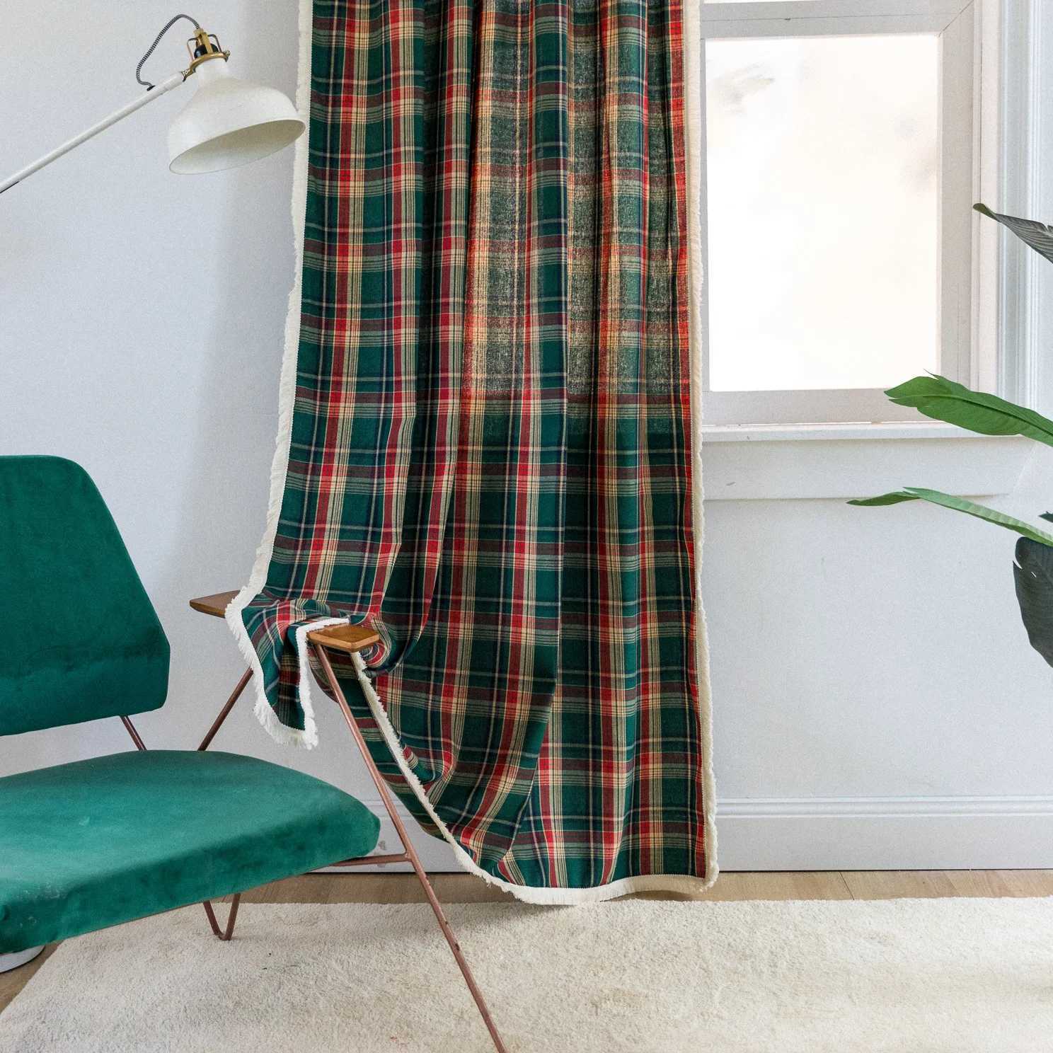 Christmas Green Plaid Curtain Scottish Tartan Striped Xmas Decor Window Curtain Rod Pocket Light Filtering Farmhouse Drape for Living Room Y251126