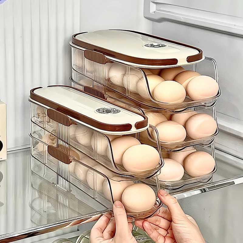 Large Egg Holder for Fridge Automatic Rolling Egg Organizer Clear Plastic Egg Container Stackable Egg Dispenser and Storage Bin Y251126