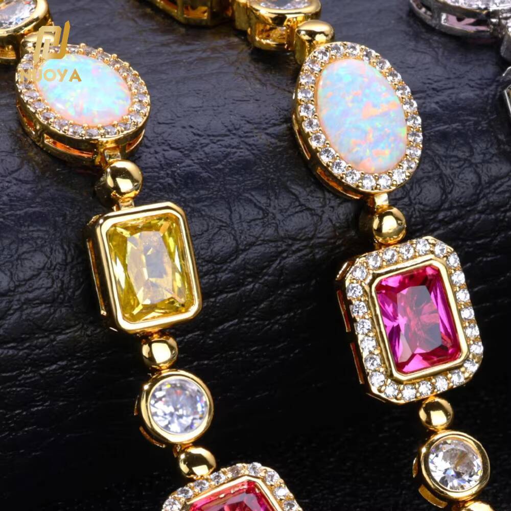 NUOYA Fashion Chain Bracelet White Gold Plated Colorful Opal Geometric Diamond Link Chain Bracelet Womens Jewelry
