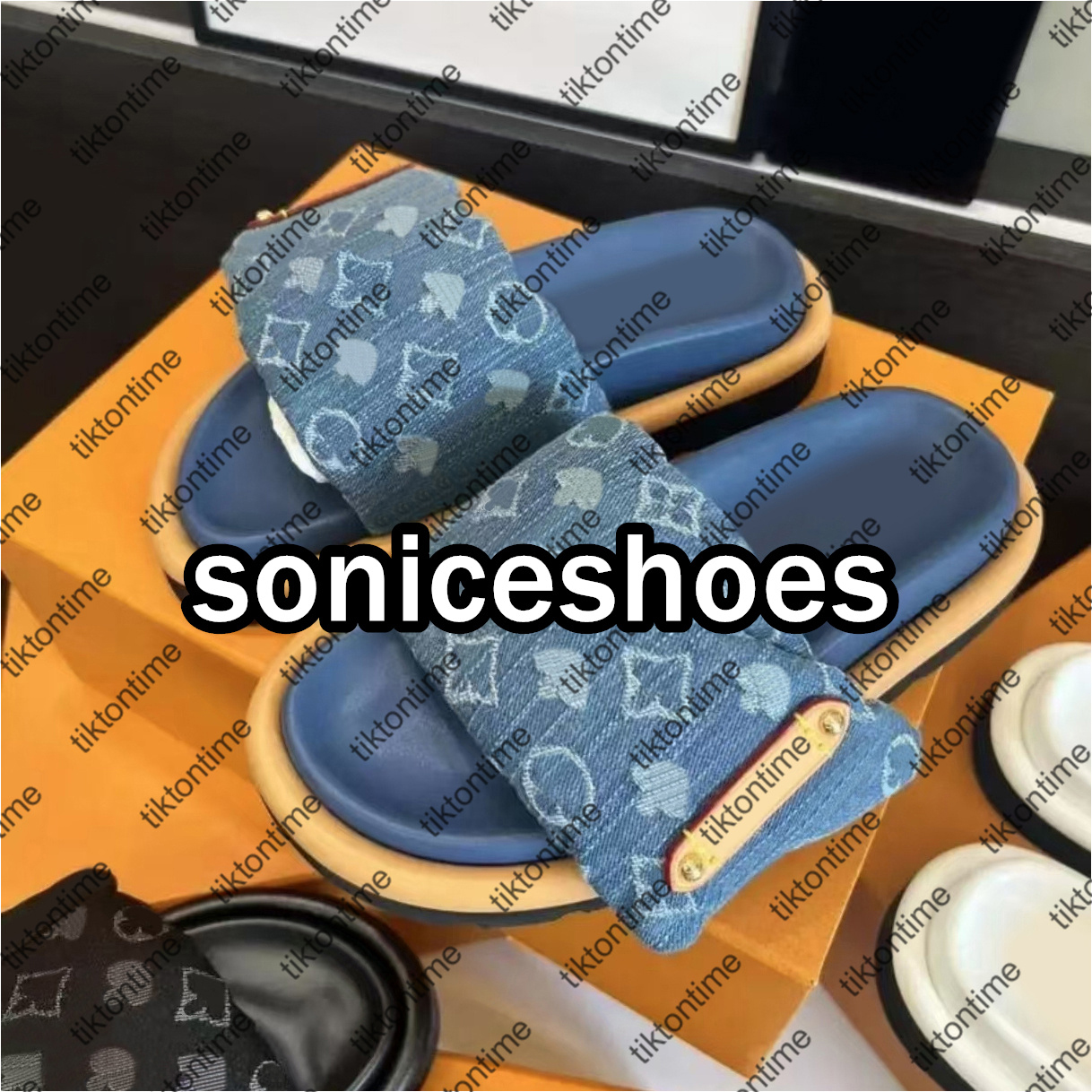 Designer Slipper Denim lvities Pillow Slides Summer Sandals Fashion Men Women Embossed Flat Front Padded Beach Slippers Platform Classic Sliders Sliop On 35-46