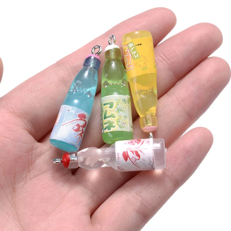 10 pieces of plastic pop cola soda beverage charm juice alcohol lemon water bottle resin pendant for jewelry making mini craft 250424