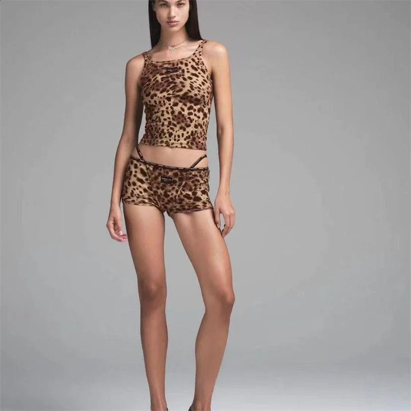 Womens Top Set Of Leopard Print Slim Fit Tank Top Shorts Simple Versatile Swimwear Sexy