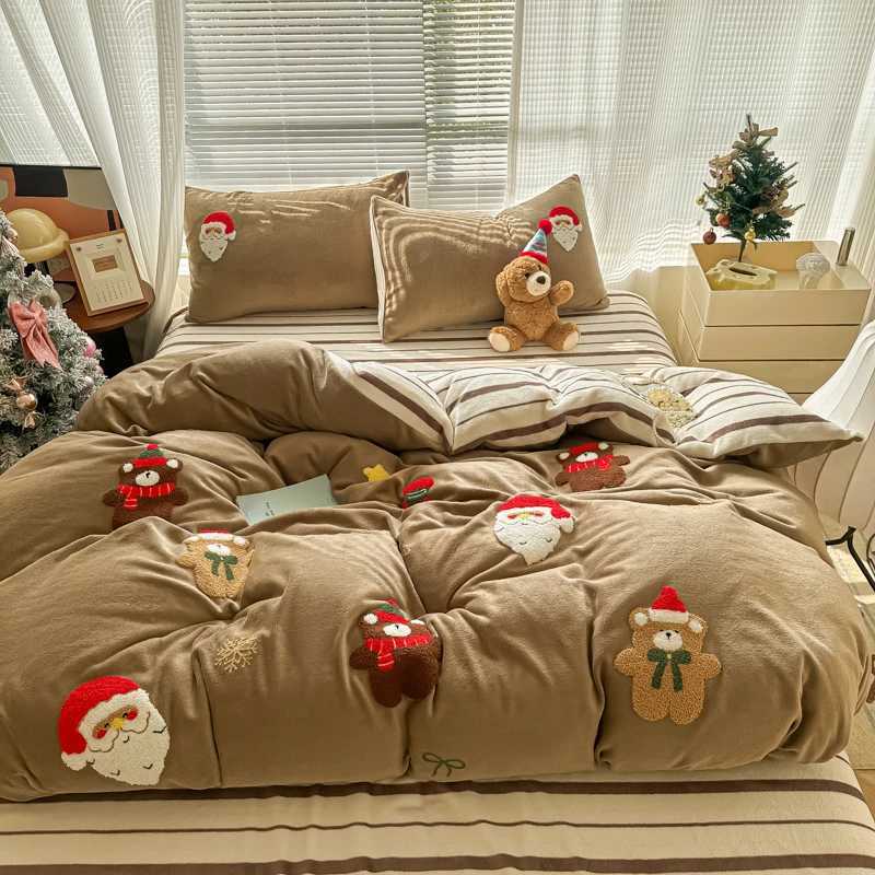 Christmas Brown Cute Christmas Bear Embroidery Bedding Set Single Double Queen Size Duvet cover Set Bed Sheet Pillowcases Christmas Gifts Y251126