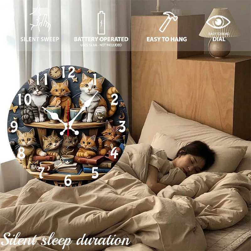 Cat Design Wooden Round Silent Hanging Wall Clock Suitable For Living Room Office Study Room Bedroom Home Decoration C251126