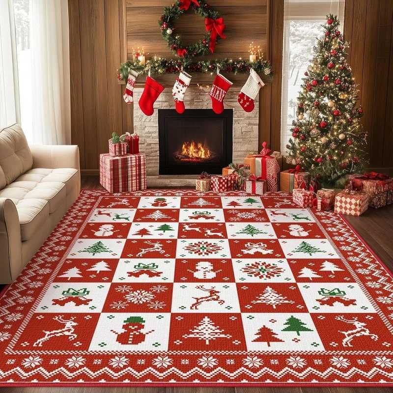Merry Christmas Holiday Rug All-Over Living Room Carpet Festive Door Mat Washable Decorative Floor Decor for Xmas Very BeautyM251126
