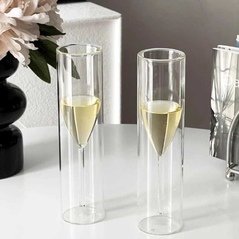 Double Wall Champagne Glasses - Elegant Crystal-Design Tulip Flute Cups for Weddings Cocktails Toast Shatter-Resistant C251126