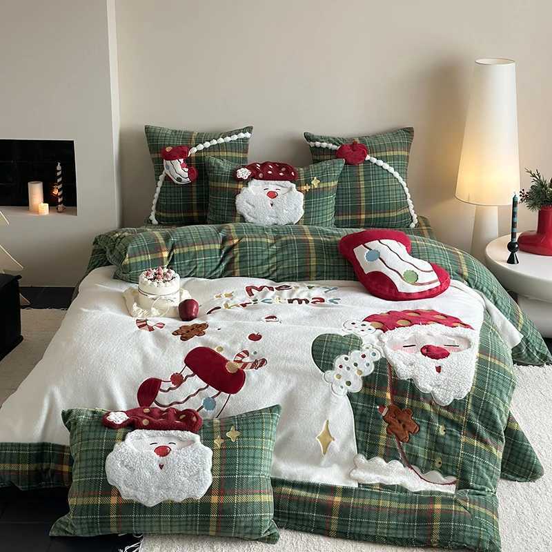 Christmas 3/4Pcs Cute Santa Claus Embroidery Winter Warm Milk Velvet Bedding Set Single Duvet Cover Bed Sheet Pillowcases Christmas Gifts Y251126